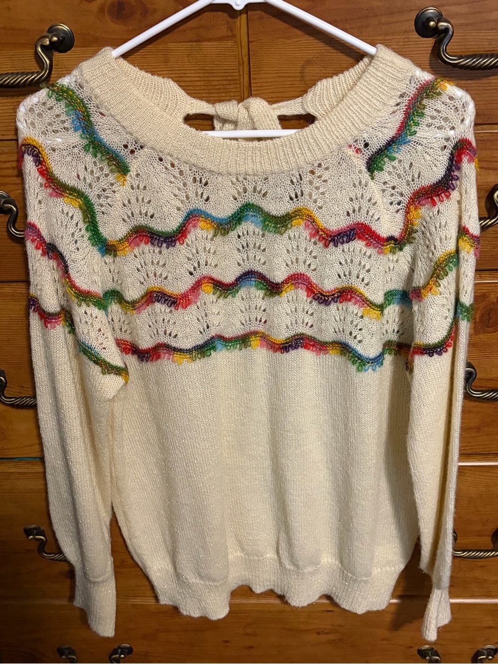 Cream Crewneck Sweater with Multicolor Wave Stitching